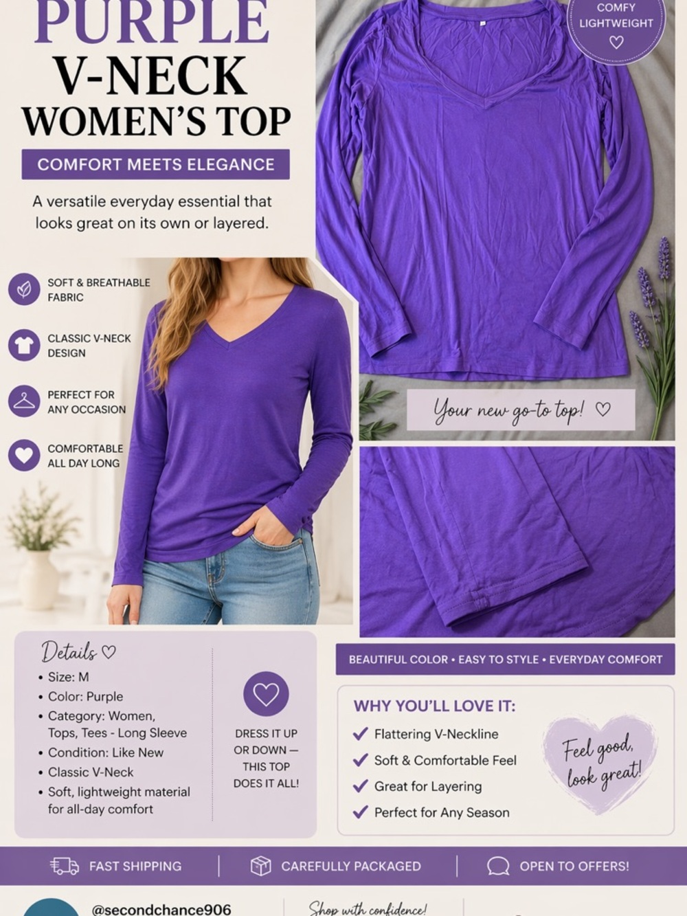 Purple V-Neck Women's Top